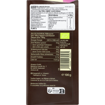 Brązowy tył opakowania wegańskiej gorzkiej czekolady 70% kakao BIO, z danymi odżywczymi.