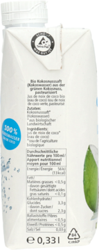 Tył kartonowego opakowania bio soku kokosowego 0,33l, z informacjami o składnikach i wartościach odżywczych.