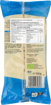 Tył niebieskiego opakowania Alnatura bio wafli z ryżu z jogurtem, 100g, z etykietą składników.