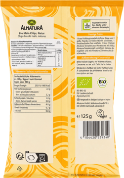 Tył żółto-białego opakowania chipsów kukurydzianych Alnatura Bio Natur 125g z tabelą odżywczą.