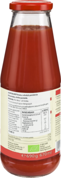 Tył szklanej butelki Alnatura Passata 690g. Czerwony sos pomidorowy, etykieta z danymi odżywczymi i BIO logo.