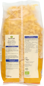 Tył opakowania płatków kukurydzianych Alnatura Bio-Cornflakes 300g, z tabelą wartości odżywczych.