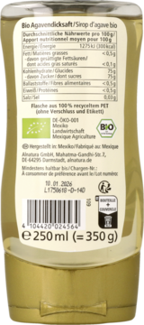 Tył butelki organicznego syropu z agawy 250 ml, beżowa etykieta z czarnym tekstem, dane odżywcze i kod kreskowy.