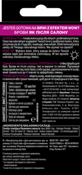 Tył opakowania Syoss Brow Tint, ciemne tło z fioletowym paskiem, szczegółowy opis produktu, składniki i instrukcje.