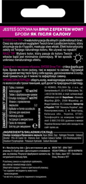 Syoss Brow Tint Ciemny Brąz, tył opakowania z polskim i ukraińskim tekstem, instrukcjami i składnikami.