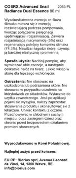 COSRX Advanced Snail Radiance Dual Essence 80ml, polska etykieta z opisem, składem i użyciem na białym tle.