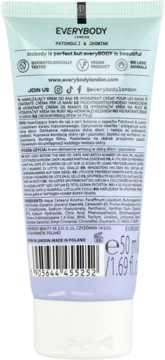 Tył jasnofioletowej tubki nawilżającego kremu do rąk Everybody London Patchouli & Jasmine 50ml.