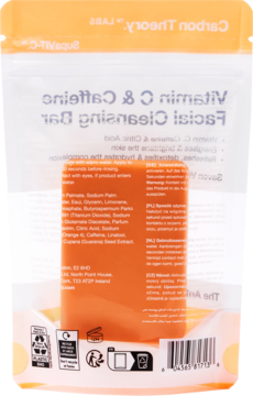 Tył opakowania Carbon Theory Vitamin C & Caffeine Facial Cleansing Bar, pomarańczowa kostka, odwrócone napisy i skład.