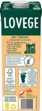 Tył zielonego kartonu LOVEGE z białym zamknięciem, info o ekologii, certyfikatach FSC i recyklingu, marka Sante.