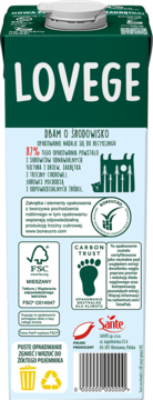 Tył kartonu LOVEGE napoju roślinnego, zielono-białe opakowanie z certyfikatami ekologicznymi i instrukcją recyklingu.
