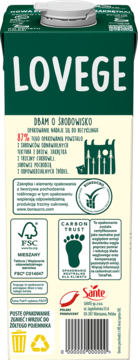 Tył zielonego kartonu LOVEDEGE z informacjami o zrównoważonym składzie (87% odnawialnych) i symbolami FSC/Carbon Trust.