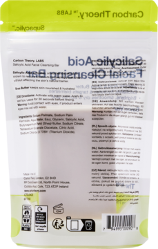 Tył biało-zielonej saszetki Carbon Theory Salicylic Acid Facial Cleansing Bar, widoczne składniki i instrukcje.