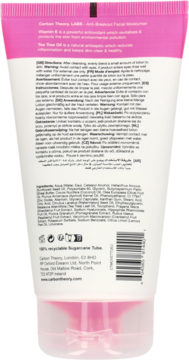 Tylna strona białej tubki kremu Carbon Theory Anti-Breakout Facial Moisturiser z różowym topem i składem.