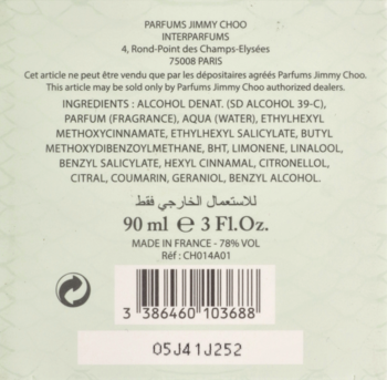 Tył opakowania perfum Jimmy Choo Floral, 90 ml, widoczne składniki, kod kreskowy i numer partii.