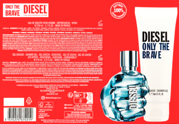 Tył zestawu Diesel Only The Brave: męska woda toaletowa 75ml (butelka-pięść) i żel pod prysznic 100ml, na czerwonym tle.