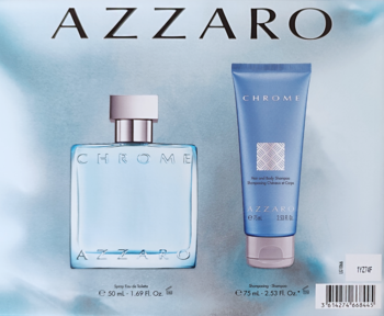 Azzaro Chrome zestaw męski: błękitna woda toaletowa w butelce i szampon 2w1 w tubce, na jasnoniebieskim tle.