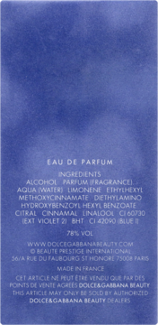 Tył niebieskiego opakowania Dolce & Gabbana Light Blue Eau Intense. Widoczny skład i informacje o produkcie.