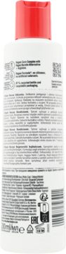 Tył białej butelki Bonacure Repair Rescue odżywki z czerwoną nakrętką, z wielojęzycznym opisem i ikonami.