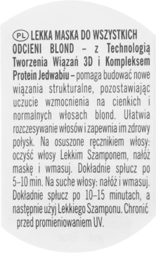 Zbliżenie na polską etykietę maski BLONDME All Blondes dla włosów blond. Maska z technologią 3D i jedwabiem.