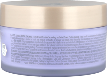 Tył fioletowej maski BLONDME Cool Blondes neutralizującej do włosów blond, z widocznym tekstem etykiety.