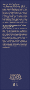 Estée Lauder Futurist SkinTint Serum SPF 20, tył opakowania z opisem składników i działania, ciemnoniebieskie tło.