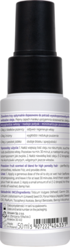 Tył białej butelki oleju do włosów o wysokiej porowatości, zapach marakui, z instrukcją i składem, 50ml.
