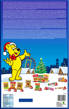 Tył świecącego kalendarza adwentowego Haribo z żelkami. Niebieskie, zimowe tło, miś Haribo, świąteczne żelki.