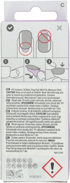 Tył opakowania sztucznych paznokci No Glue Mani, z instrukcją aplikacji, ostrzeżeniami i wielojęzycznym tekstem.