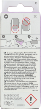 Tył opakowania No Glue Mani: 30 paznokci. Instrukcje aplikacji, ostrzeżenia, skład, symbole. Białe tło z fioletowymi detalami.