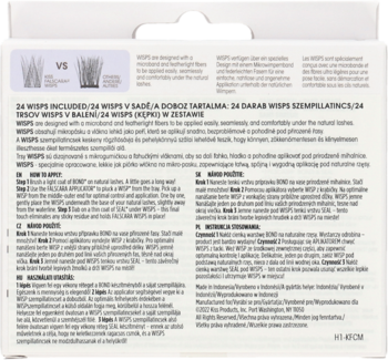 Tył opakowania kępek sztucznych rzęs Kiss Falscara, białe pudełko z tekstem w wielu językach i grafikami rzęs.