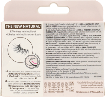 Tył beżowego opakowania sztucznych rzęs KISS New Natural. Widoczne hasło "THE NEW NATURAL", grafika rzęs i opisy produktu.