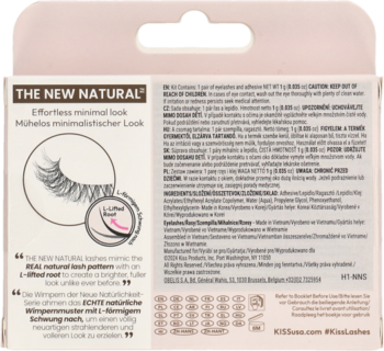 Tył białego opakowania sztucznych rzęs KISS The New Natural z informacjami o produkcie i kodem kreskowym.