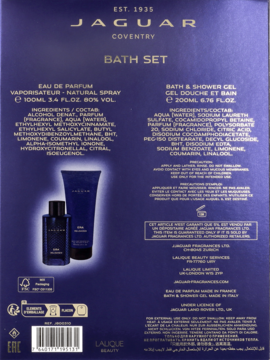 Tył ciemnoniebieskiego zestawu Jaguar Bath Set z perfumami i żelem, widoczne pełne listy składników.