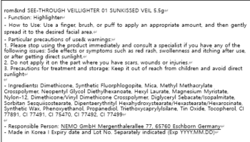 Tekst informacyjny rozświetlacza rom&nd 01 Sunkissed Veil: opis funkcji, użycia, składników i danych producenta.