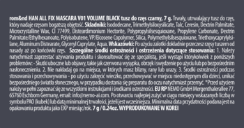 Tył opakowania wodoodpornego tuszu rom&nd Han All Fix Mascara z białym tekstem na ciemnym tle.