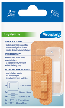 Viscoplast turystyczne wodoodporne plastry, front opakowania z beżowymi plastrami i informacjami o rozmiarach.