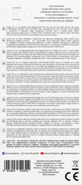 Tył opakowania masażera sonicznego Looky PRO. Widoczny wielojęzyczny opis, kod kreskowy i ikony zgodności.