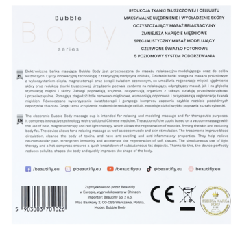 Białe opakowanie elektrycznej bańki masującej Beautifly B-bubble, widok z tyłu z opisem funkcji i kodem.