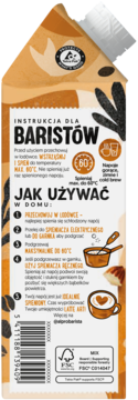 Tył kartonu Alpro Barista napój migdałowy z instrukcjami użycia, kodem kreskowym i logo FSC, beżowe tło.