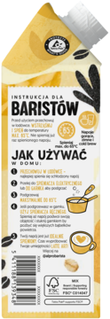 Tył kartonu Alpro Barista Owsiane z instrukcjami dla baristów, kodem kreskowym i logo FSC, na żółtym tle.