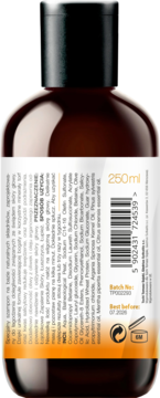 Tył brązowej butelki szamponu na łojotokowe zapalenie skóry, widoczna etykieta ze składnikami, kodem i 250ml.