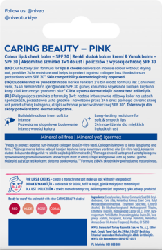 Tył opakowania Nivea Caring Beauty Pink balsam do ust i policzków SPF30, widoczny skład i opisy.