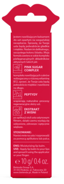 Tył balsamu FaceBoom Nutri Cherry Milkshake w kształcie ust, różowy, z opisem składników i wagą 10g.
