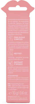 Tył różowego opakowania balsamu FaceBoom Nutri Cotton Candy w kształcie ust, z opisem PL/ENG.