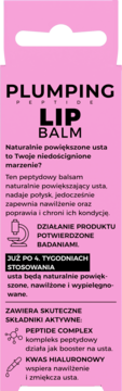 Różowe opakowanie kartonowe Plumping Peptide Lip Balm z kwasem hialuronowym. Widok z przodu, pionowy. Obiecuje powiększenie i nawilżenie ust.