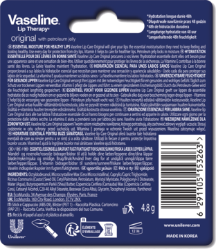 Tył granatowego opakowania balsamu do ust Vaseline Original z białymi napisami i kodem kreskowym.
