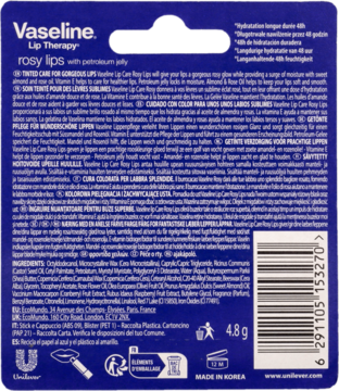 Tył granatowego opakowania Vaseline Lip Therapy Rosy Lips z informacjami o składnikach i kodem kreskowym.
