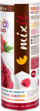 Mixit liofilizowane maliny 140g w biało-brązowej puszce, widok z przodu, z logo ptaszka i malinami.
