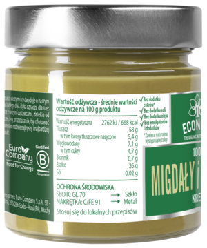 Tył słoika Eure Company, krem migdałowo-pistacjowy, zielona etykieta z tabelą odżywczą i info "bez cukru".