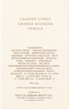Tył ulotki wody perfumowanej D&G Devotion. Biała karta ze składem i nutami: cytrusy, kwiat pomarańczy, wanilia.